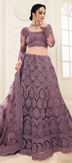Engagement, Festive, Reception Purple and Violet color Lehenga in Net fabric with A Line Embroidered, Resham, Thread work : 1636831