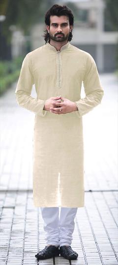 Beige and Brown color Kurta Pyjamas in Cotton fabric with Thread work : 1637478
