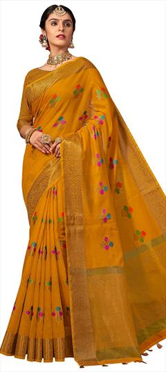 Casual, Traditional Yellow color Saree in Silk, Silk cotton fabric with Bengali, South Weaving work : 1638103