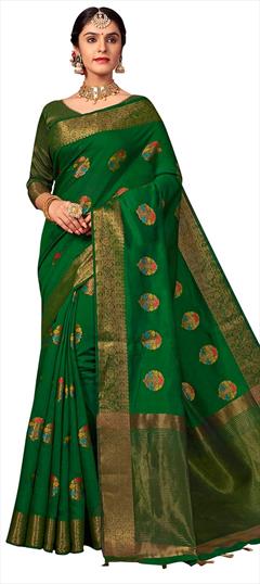Casual, Traditional Green color Saree in Silk, Silk cotton fabric with Bengali, South Weaving work : 1638112