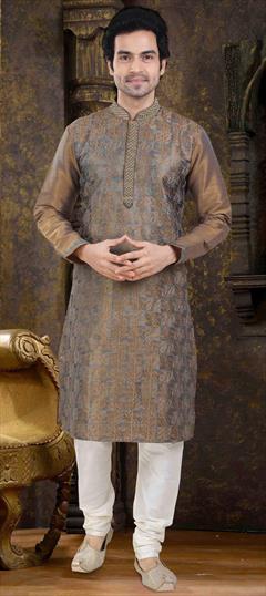 Beige and Brown color Kurta Pyjamas in Art Silk fabric with Embroidered, Thread work : 1638134