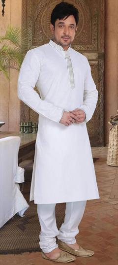 White and Off White color Kurta Pyjamas in Linen fabric with Thread work : 1638344