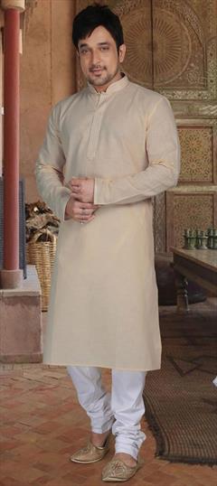 Beige and Brown color Kurta Pyjamas in Linen fabric with Thread work : 1638351