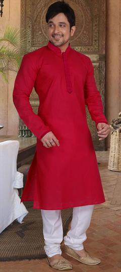 Red and Maroon color Kurta Pyjamas in Linen fabric with Thread work : 1638353