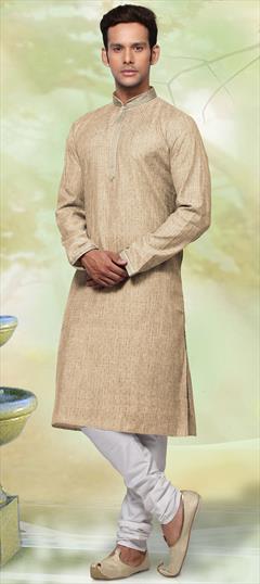Beige and Brown color Kurta Pyjamas in Cotton fabric with Thread work : 1638380