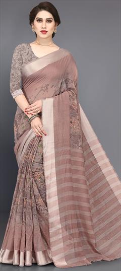 Casual, Traditional Beige and Brown color Saree in Cotton fabric with Bengali Floral, Printed work : 1638546