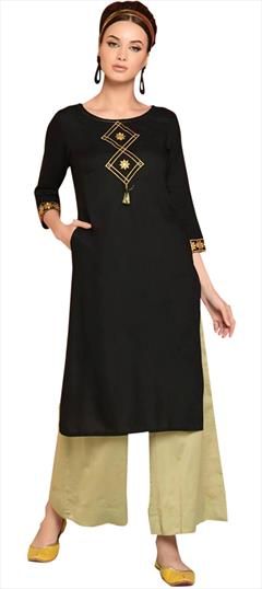 Party Wear, Reception Black and Grey color Kurti in Rayon fabric with Long Sleeve, Straight Embroidered, Thread work : 1638599