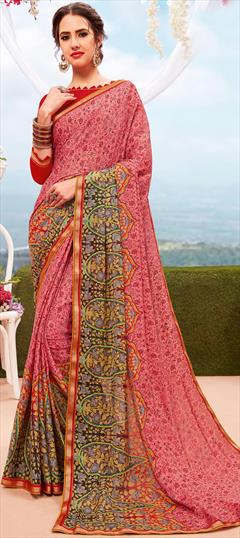 Casual Pink and Majenta color Saree in Georgette fabric with Classic Printed work : 1639626