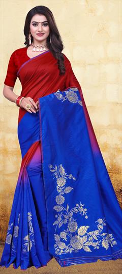 Traditional Blue, Red and Maroon color Saree in Banarasi Silk, Silk fabric with South Weaving work : 1640018