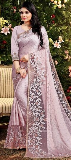 Traditional Pink and Majenta color Saree in Net, Silk, Tissue fabric with Half and Half Embroidered, Lace, Moti, Sequence, Stone, Thread work : 1640707