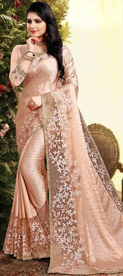 Traditional Beige and Brown color Saree in Art Silk, Silk, Tissue fabric with Half and Half Embroidered, Lace, Moti, Sequence, Stone, Thread work : 1640711