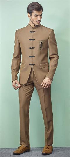 Beige and Brown color Jodhpuri Suit in Imported fabric with Broches work : 1643179