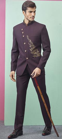 Purple and Violet color Jodhpuri Suit in Imported fabric with Embroidered, Thread, Zari work : 1643182