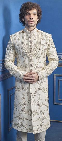 White and Off White color Sherwani in Silk fabric with Thread, Zardozi, Zari work : 1643339