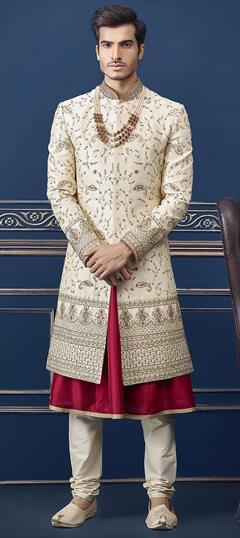 Beige and Brown color Sherwani in Silk fabric with Thread, Zardozi, Zari work : 1643352