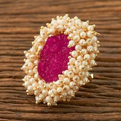Pink and Majenta color Ring in Brass studded with CZ Diamond, Pearl & Gold Rodium Polish : 1643869
