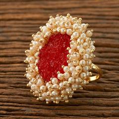 Red and Maroon color Ring in Brass studded with CZ Diamond, Pearl & Gold Rodium Polish : 1643871