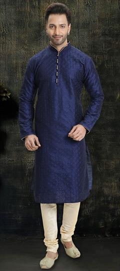 Blue color Kurta Pyjamas in Dupion Silk fabric with Embroidered, Resham work : 1644414