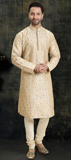 Beige and Brown color Kurta Pyjamas in Dupion Silk fabric with Embroidered, Resham work : 1644422