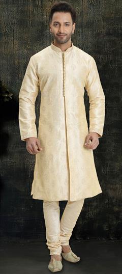 Beige and Brown color Kurta Pyjamas in Dupion Silk fabric with Embroidered, Resham work : 1644425