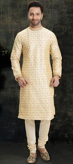 Beige and Brown color Kurta Pyjamas in Dupion Silk fabric with Embroidered, Resham work : 1644434