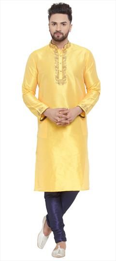 Yellow color Kurta Pyjamas in Dupion Silk fabric with Embroidered, Thread work : 1644456