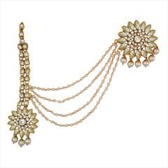 White and Off White color Mang Tikka in Brass studded with Kundan, Pearl & Gold Rodium Polish : 1644595