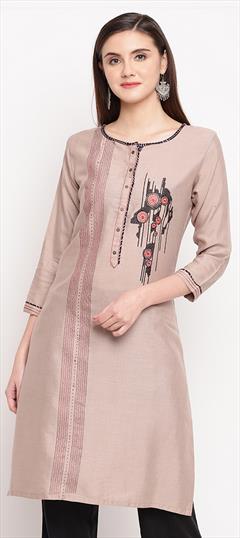 Casual Beige and Brown color Kurti in Rayon fabric with Long Sleeve, Straight Embroidered, Thread work : 1645005
