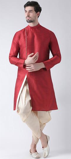 Red and Maroon color Dhoti Kurta in Dupion Silk fabric with Thread work : 1645431