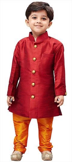 Red and Maroon color Boys Kurta Pyjama in Dupion Silk fabric with Thread work : 1645581