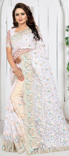 Engagement, Reception White and Off White color Saree in Net fabric with Classic Embroidered, Moti, Stone, Thread work : 1645712