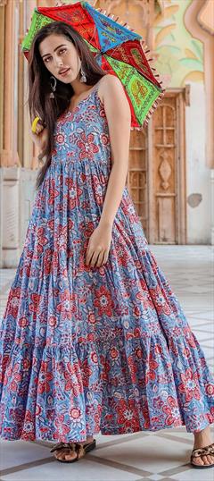 Party Wear Blue color Gown in Muslin fabric with Digital Print work : 1646470