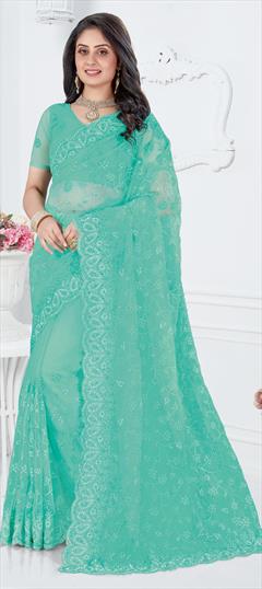 Party Wear, Reception Green color Saree in Net fabric with Classic Embroidered, Resham, Stone, Thread, Zircon work : 1646701