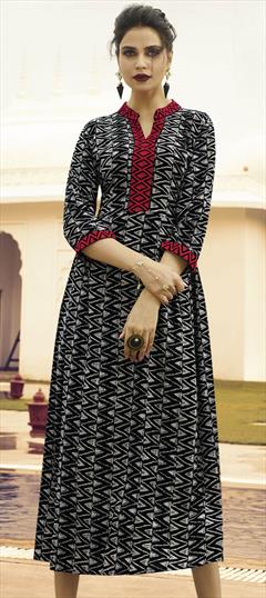 Casual Black and Grey color Kurti in Rayon fabric with A Line, Long Sleeve Printed work : 1646881