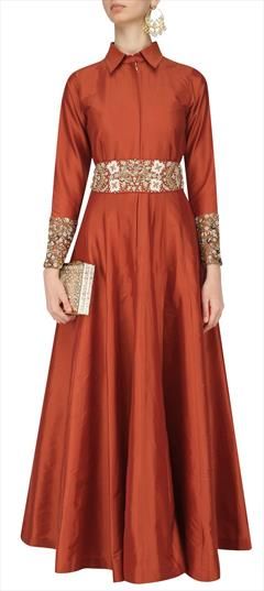 Engagement, Festive, Wedding Orange color Salwar Kameez in Art Silk fabric with Anarkali Bugle Beads, Embroidered, Resham, Thread work : 1647769