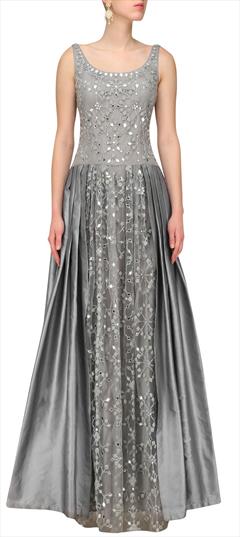 Engagement, Festive, Wedding Black and Grey color Salwar Kameez in Art Silk, Net fabric with Abaya Mirror, Thread work : 1647772