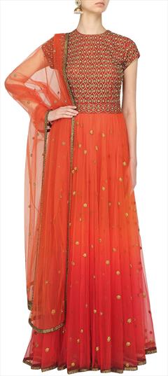 Engagement, Festive, Wedding Orange, Red and Maroon color Salwar Kameez in Net fabric with Abaya Border, Bugle Beads, Patch, Resham, Stone, Zari work : 1647777