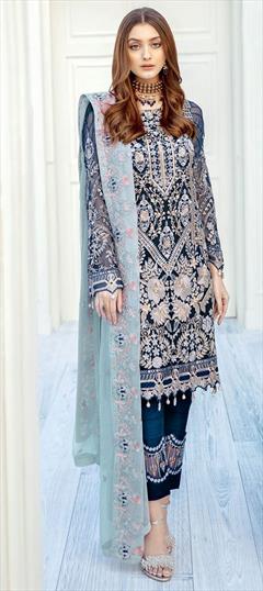 Party Wear, Reception Blue color Salwar Kameez in Faux Georgette fabric with Pakistani Bugle Beads, Embroidered, Thread work : 1647930