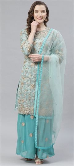 Festive, Mehendi Sangeet, Wedding Green color Salwar Kameez in Net fabric with Sharara Embroidered, Stone, Thread work : 1648433