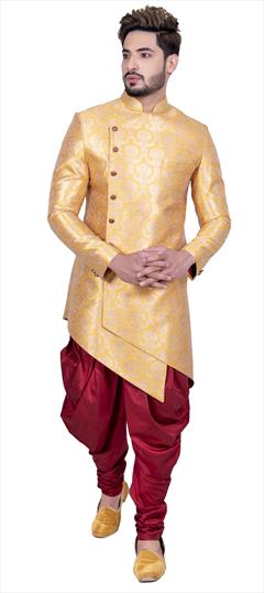 Yellow color IndoWestern Dress in Brocade fabric with Weaving work : 1648463