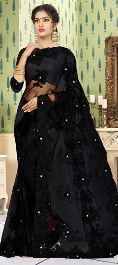 Festive, Reception Black and Grey color Saree in Net fabric with Classic Embroidered, Resham, Stone, Thread work : 1648584