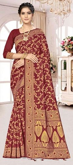 Casual, Traditional Red and Maroon color Saree in Banarasi Silk, Silk fabric with South Weaving work : 1648622