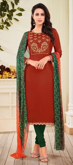 Casual Red and Maroon color Salwar Kameez in Cotton fabric with Churidar Embroidered, Resham, Thread work : 1649112
