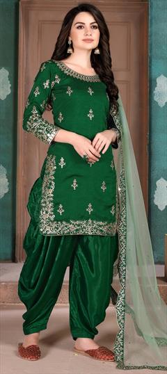 Party Wear Green color Salwar Kameez in Art Silk fabric with Patiala Embroidered, Mirror, Stone, Thread work : 1649520