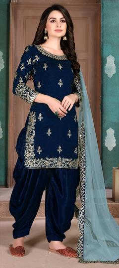 Party Wear Blue color Salwar Kameez in Art Silk fabric with Patiala Embroidered, Mirror, Stone, Thread work : 1649524