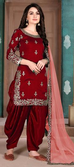 Party Wear Red and Maroon color Salwar Kameez in Art Silk fabric with Patiala Embroidered, Mirror, Stone, Thread work : 1649525