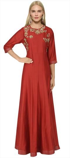 Engagement, Festive, Reception Red and Maroon color Gown in Chanderi Silk fabric with Cut Dana, Sequence work : 1649626