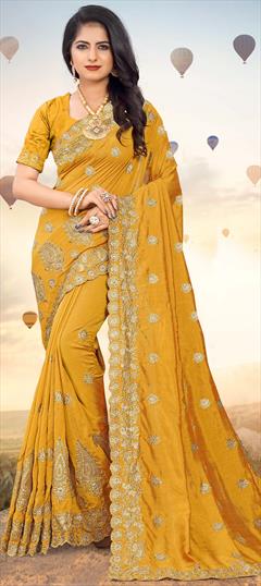 Traditional Yellow color Saree in Art Silk, Silk fabric with South Embroidered, Thread, Zari work : 1649682