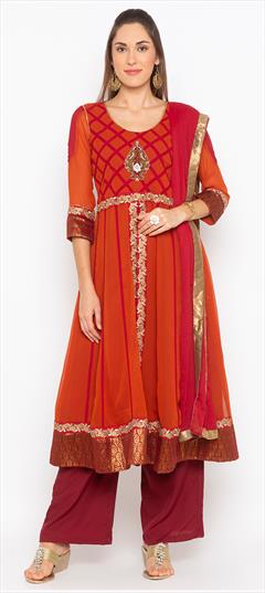 Festive, Party Wear Red and Maroon color Salwar Kameez in Georgette fabric with Anarkali Embroidered, Thread work : 1649806
