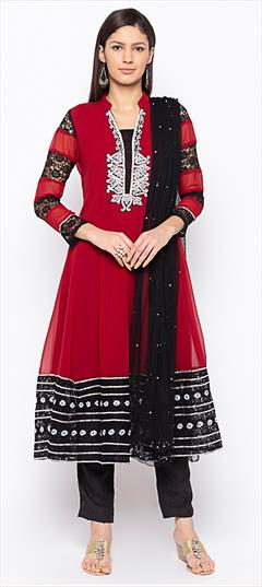 Festive, Party Wear Red and Maroon color Salwar Kameez in Georgette fabric with Anarkali Embroidered, Sequence, Thread work : 1649807